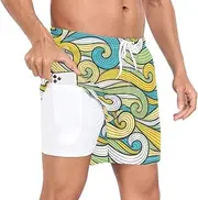 [GuoChe] Men's Swimwear Trunks Mens 2 in 1 Workout Shorts Colorful Curly Lines Yellow Green with Compression Liner and Pockets