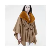 Womens Thick Poncho with fur Collar Premium Belted Shawl Coat Button Camel brown