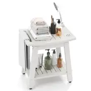 Costway Waterproof Shower Bench Seat w/Shower Head & Soap Holder/Handle & Storage Shelf Bath Stool Tub Chair White