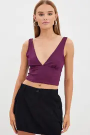 Purple Corset Detail Top Sleeveless Crop Slinky Jersey - Size M, Women's Top