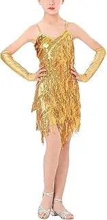 [Maeau] Latin Dress Girls Sequins Fringe Dress Kids Sleeveless Dance Dress Tassel Glitter Dance Outfit Spaghetti Straps Tight Dance Wear for Rumba Samba Tango Cha Cha 5-13 Years