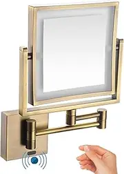 Square Wall-Mounted LED Lighted Makeup Mirror - 3X-1X Magnification - 8-Inch Diameter - Extends 14” - Swivel Design for Bathroom Vanity,Hardwired,Antique