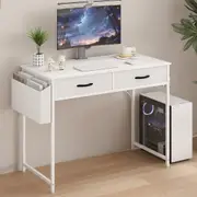 Advwin 100cm Computer Desk with 2 Drawers and Storage Bag Makeup Vanity Desk Home Office Writing Workstation Study Table with Hooks White
