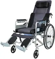 Wheelchair 90°-180° Reclining Wheelchair Lightweight Folding Aluminum Alloy Bedside Commode W/Potty Fully Lying 6-Speed Adjustable Backrest and Lifting Legs to Rest Driving Trolley