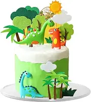 13pcs Dinosaur Cake Topper Set with Palm Trees, Jungle Theme Party Decoration, Green and Orange