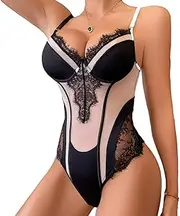 [JINZIJINYU] Lingerie For Women Sexy Naughty Sexy Open Back Mesh See Through Lace Stitching Contrast Color Bodysuit Tights