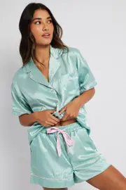 Green Stripe Satin Pj Jacquard Stripe Piping Pyjama Set - Size L, Women's Satin Set