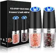 Gravity Electric Pepper and Salt Grinder Set, Adjustable Coarseness, Battery Powered with LED Light, One Hand Automatic Operation, Stainless Steel Black, 2 Pack
