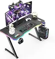 REDANTELOPE Gaming Desk with LED Lights,Large Fiber Desktop RGB Gaming Table,Ergonomic Computer Desk with Mouse Pad,Cup Holder,Headphone Hook,120 cm Wide,Black