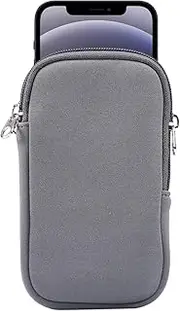 Neoprene Cell Phone Sleeve, Zip Wallet Pouch with Neck Strap for iPhone 16 16 Pro 15 15 Pro iPhone 14 14 Pro iPhone 13 Pro 12 Pro iPhone SE 3G iPhone X XS LG Aristo 5 4 3 Phoenix 5 4 (Gray)