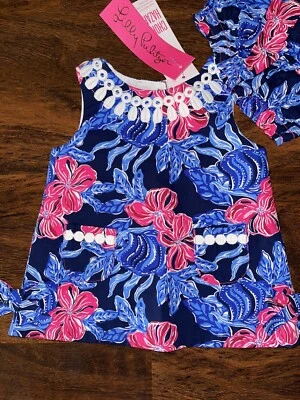 Lilly Pulitzer 3-6 Infant Navy ITS OFISHELL BABY SHIFT DRESS & Bloomers Set NWT