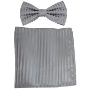 New formal Men's polyester pre-tied bow tie_hankie tone on tone stripes gray