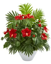 Nearly Natural Hibiscus & Areca Palm Artificial Plant in White Bowl