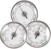 Barometer Set, Analog Weather Station, Dial Type, Silver, 3-in-1 (Pressure, Temperature, Humidity), -30 to 50C, 950 to 1070hPa, No Batteries Required