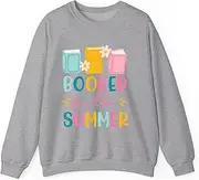 [X.Style] Booked for The Summer Reading Librarian Last Day of School Sweatshirt for Adults Crew Neck Long Sleeve Pullover Grey 3XL