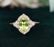 Oval Peridot 925 Silver 14K Rose Gold Plated Double Halo Wedding Engagement Ring