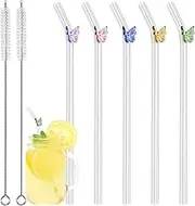 Glass Drinking Straws - Reusable Clear Glass Drinking Staws with Cleaning Brush Resistant Smoothie Straws for Smoothies Tea Juice Milkshakes (Butterfly)
