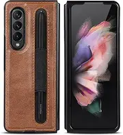 Cavor Crazy Horse Leather Case for Samsung Galaxy Z Fold3 5G 7.6'' Back Cover Case with S-Pen Pocket, Z Fold 3 Case with S Pen Holder Shockproof Protective Phone Cases-Brown