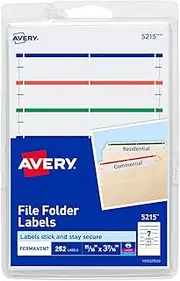 Avery Print or Write File Folder Labels for Laser and Inkjet Printers, 1/3 Cut, Assorted Colors, 18 Packs (5215)