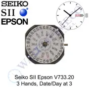 Genuine Seiko SII Epson V733.20 Watch Movement Japan 3 Hands, Date/Day at 3 NOS