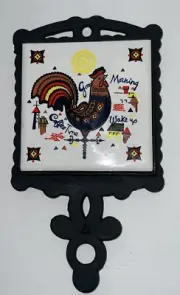 Vintage Rooster Tile Trivet Cast Iron Action Maid Retro Folk Art Berggren Style