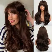 Long Brown Wig with Bangs Wave Curly Wigs for Women Heat Resistant Natural Synthetic Wig for Daily Use