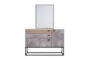 Design Square Dresser Sideboard Buffet Unit With Mirror - Black Metal Legs - Dark Oak / Cement Grey