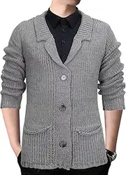 [Qolkmuiy-GJ] Men's Long Sleeve Open Front Sweater Casual Shawl Collar Cardigan Trendy Button Down Knitwear with Pockets
