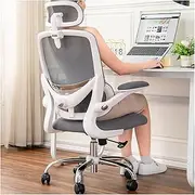 TONFARY Ergonomic Home Office Chair, High Back Mesh Desk Chair with Adjustable Lumbar Support, Flip-up Armrest, Removable Headrest, Swivel Computer Gaming Chair, Space Saving, 150KG (White+Grey)