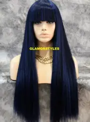 FULL WIG LONG STRAIGHT WITH BANGS OFF BLACK BLUE MIX HEAT OK NWT