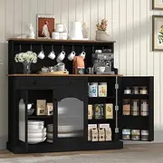 ARTPOWER 48” Kitchen Pantry with Glass Doors, Wood Coffee Bar Cabinet with Drawer, Black Microwave Cabinet with Hutch, Farmhosue Buffet Sideboard for Living Room, Dining Room