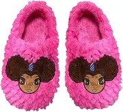 [YOUnicorn Kidz] Afro Puff Unicorn Hot Pink Plush Slipper - Light Brown with Brown Hair