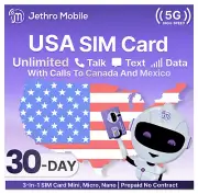 Jethro Mobile USA SIM Card 30-Days Unlimited Talk, Text, and Data Prepaid
