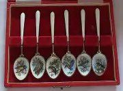 A FINE SET OF 6 DECORATED AND ENAMELED WITH BIRDS U.K MADE STERLING TEA SPOONS