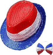 [Generic] 4Th of July Hat and Bow Tie | Sequin Hat Costume Red White Blue Bow Tie - Adults Men and Women Wear Photography Props Eye-Catching for Role Play, Gathering
