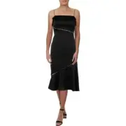 AIDAN MATTOX Charmeuse Beaded Party Cocktail Silky Dress - Black Size 4 *NEW*