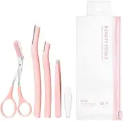 Itadaku Set of 5 Professional Eyebrow Grooming Kit, Eyebrow Scissors with Comb, Razor, Tweezers & Cleaning Brush for Precise Eyebrow Shaping and Face Hair Removal, for Men and Women (Pink)