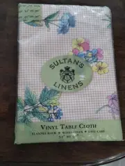 VTG Sultans Linens Vinyl Tablecloth Floral Flannel BacK 52 x 90"pink blue orange