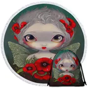 Lovely Big Eyed Fairy Portrait with Red Poppies Round Beach Towel