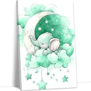 YMXZHUANSH Baby Boy Nursery Canvas Wall Art Elephant Pictures Wall Decor Nursery Moon and Stars Prints for Kids Room Decor Frame(Green 24.00" x 36.00")