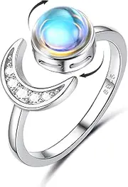 [Sanfenly] 925 Sterling Silver Anxiety Ring for Women 18K White Plated Moonstone CZ Open Ring Adjustable Star Moon Spinner Ring Fidget Ring for Anxiety Women