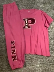 Victoria's Secret Pink Campus SS Tee Shirt Gym Pants Set Red Violet Logo XL