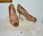 New $450 Amazing BURBERRY Ellalline Camel Plaid Peep Toe Pumps Shoes Italy Sz 41