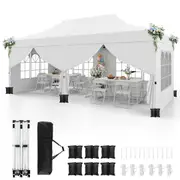 Costway Gazebo 3×6m Pop up Marquee UPF50+ Wedding Party Tent Side Wall Outdoor Camping Canopy Carport w/Carrying Bag White