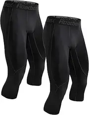 [Roadbox] 2 Pack Men's 3/4 Compression Pants - Basketball Athletic Running Tights Leggings Spandex Base Layer Underwear, Black+black, Large
