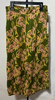 Nicole Miller XL Linen Pants Ivy Green Pink Tropical Wide Leg Elastic New NWT