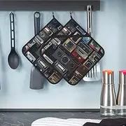 2 Pack Pot Holders Set Heat Resistant Potholders for Kitchen Cotton Hot Pads with Pocke Non-Slip Oven Mitts Vintage Wall of Radio Boombox Kitchen Oven Gloves for Cooking Baking BBQ Gift
