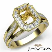 Emerald Semi Mount Diamond Pave Engagement Millgrain Ring 18k Yellow Gold 0.9Ct