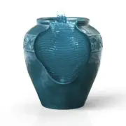 Teamson Home Water Fountain Teal Glazed Urn Pot Outdoor Wave Pattern LED Light