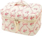 Coquette Makeup Bag Quilted Cosmetic Case, 9.8x5.9x6.3 Cute Bow Makeup Case, Cotton Floral Coquette Cosmetic Pouch with Handle and Zipper, Aesthetic Bag